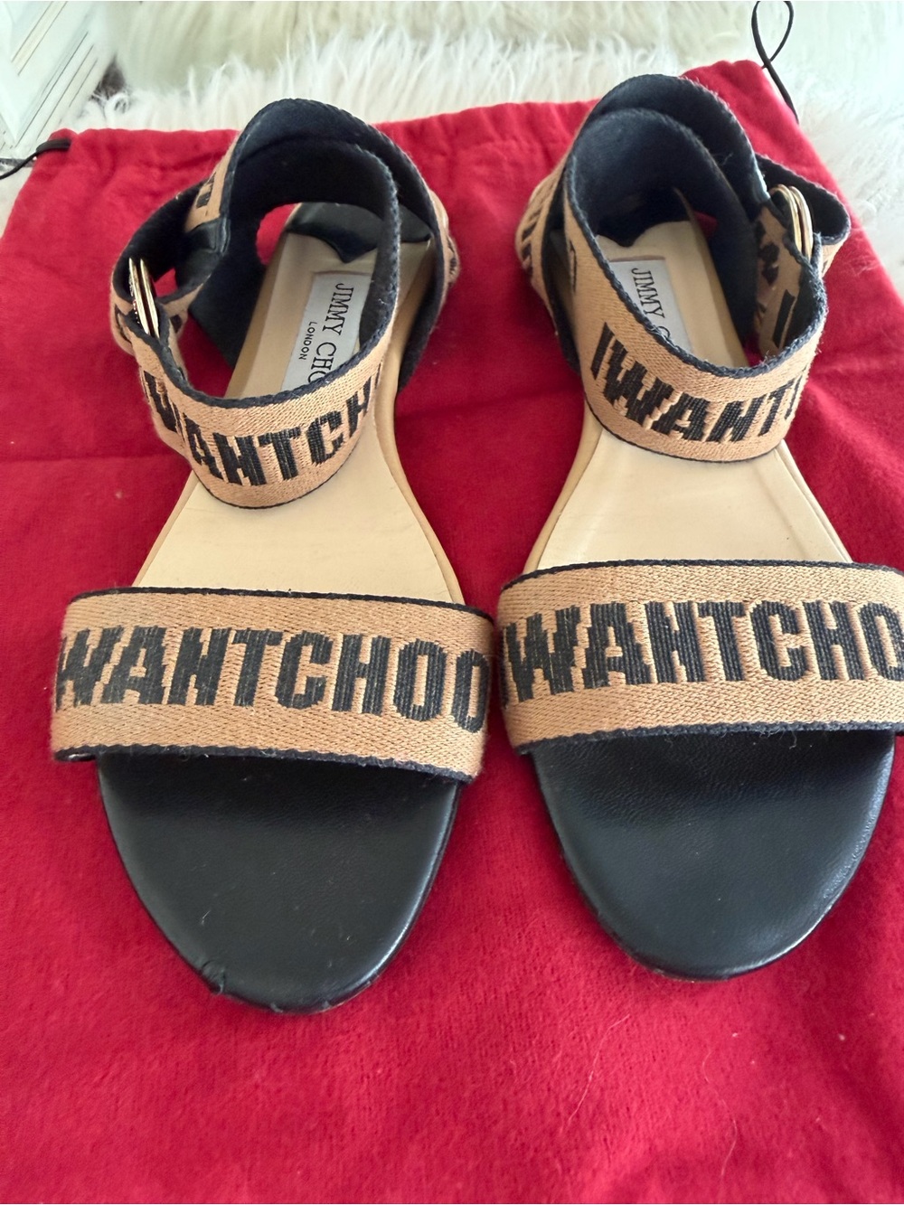 Jimmy Choo Black and Tan Logo Strap Flat Sandals size 7